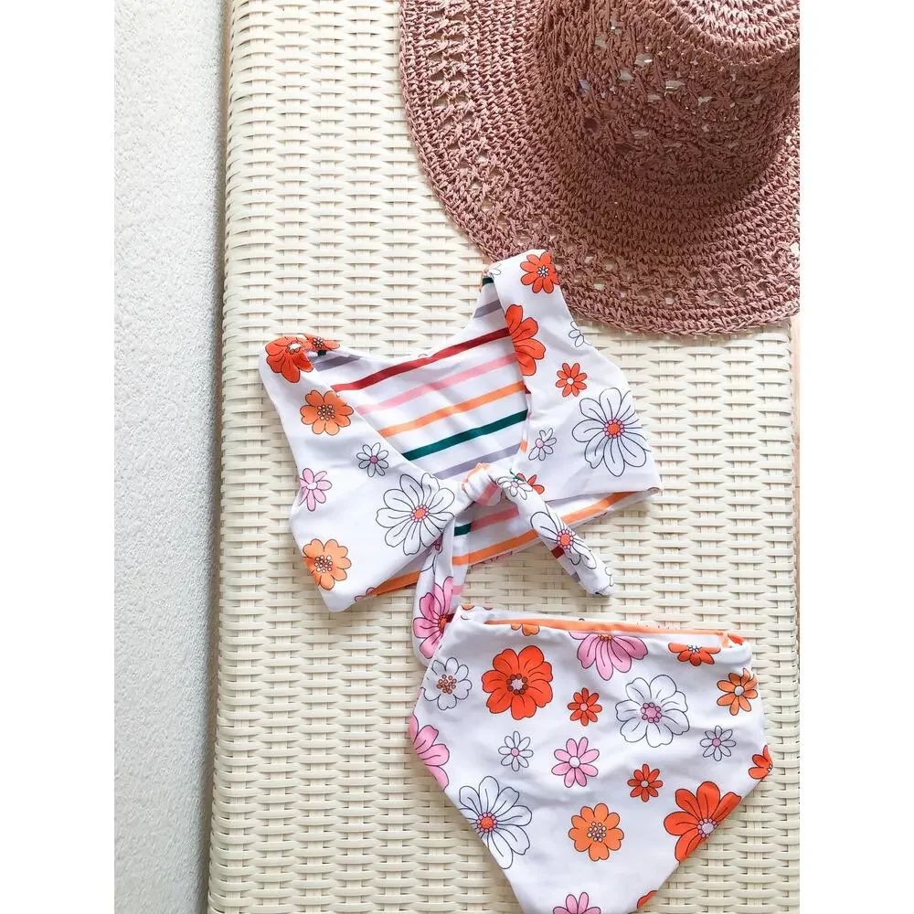Blossom Babe 2pc Reversible Boho Floral + Stripes Swimsuit Set 2/3T